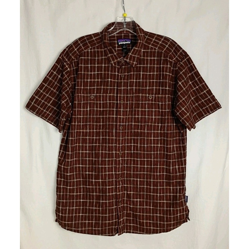 Patagonia Red Plaid Mens Button Up Shirt, Short Sleeve, Sz L Organic Cotton Blen